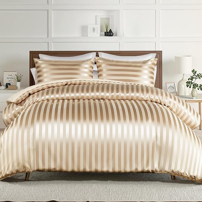 Whale Flotilla 2-Piece Reversible Silky Soft Twin Size Comforter Set, Luxury Stripe Satin Comforter Bedding Set with Satin Pillowcase, Lightweight Duvet for All Seasons, Champagne