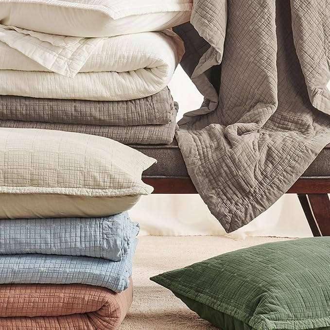 EVERGRACEHOME Stonewashed Cotton Quilt Set Queen Size, Ultra Soft Oversized Bedspread Coverlet Set, Lightweight Crinkle Box Stitch Bedding Sets for All Season, with 2 Shams, Truffle Taupe Brown