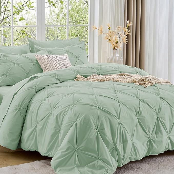 Sasttie Full Size Comforter Set, 7-Piece Bed in a Bag, Pintuck Bedding Sets for All Season, Includes Comforter, Flat Sheet, Fitted Sheet, Pillowcases and Pillowshams, Sage