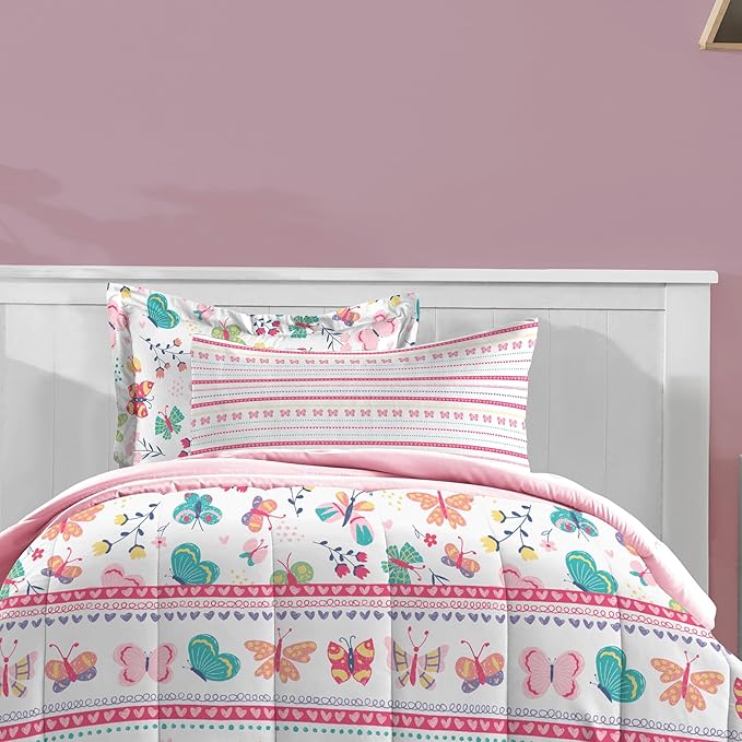 Dream Factory Kids 5-Piece Complete Bed Set Easy-Wash Super Soft Microfiber Comforter Bedding, Twin, Pink Butterfly Garden