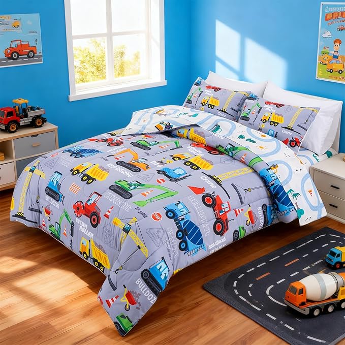 Holawakaka Trucks Tractors Cars Boy Bedding Comforter Set with Sheets, Full Size Cartoon Construction Car Excavator Print Kids Bed in A Bag 5-Piece, Boys Reversible Dorm Bed Sets (Red Full)