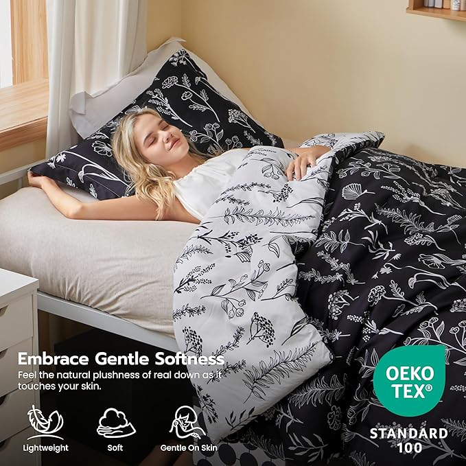 Joiedomi Twin Comforter Set Black, 2 Pieces Floral Twin Bedding Set with 1 Soft Reversible Botanical Comforter and 1 Pillow Sham, Bed in a Bag for All Seasons