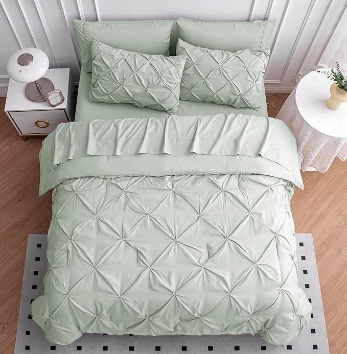 LANE LINEN Queen Comforter Set with Sheets - 7 Piece - Elegant Pintuck Stitch Design Bedding - with 1 Comforter, 2 Pillowcases & 2 Shams 1 Flat & a 14" Fitted Sheet - All-Season Everyday Use – Mineral | Soft microfiber, Year round comfort, Secure pocke...