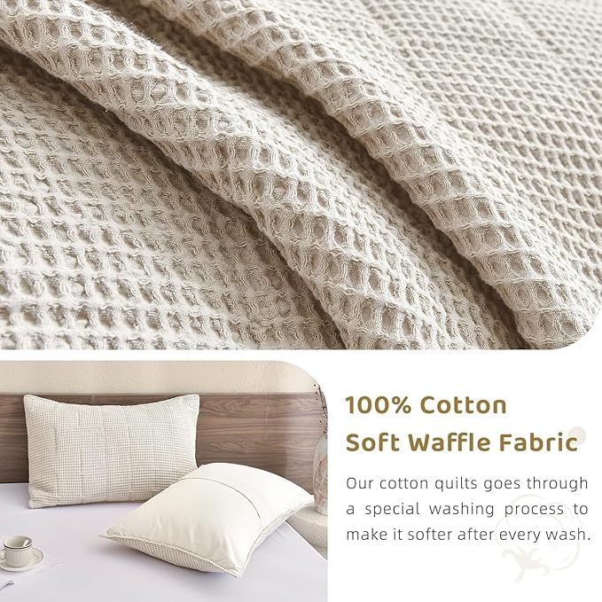 Sanracie Oversized Queen Quilt (102"x118"), Cotton Waffle Weave Quilt Sets, 3Pcs Luxury Aesthetic Quilt Bedding Set, Soft Breathable Lightweight Farmhouse Coverlet Set for All Season, Wheat
