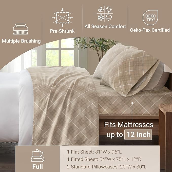 True North by Sleep Philosophy Cozy Flannel Warm 100% Cotton Sheet - Novelty Print Animals Stars Cute Ultra Soft Cold Weather Bedding Set, Full, Tan Plaid 4 Piece
