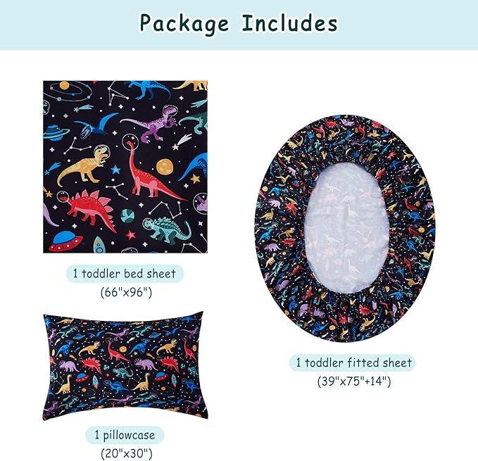 Kids Sheet Set Twin Size, Twin Sheet Set with Space Dinosaur Pattern，Breathable Silky Soft Microfiber Kids Fitted Sheet