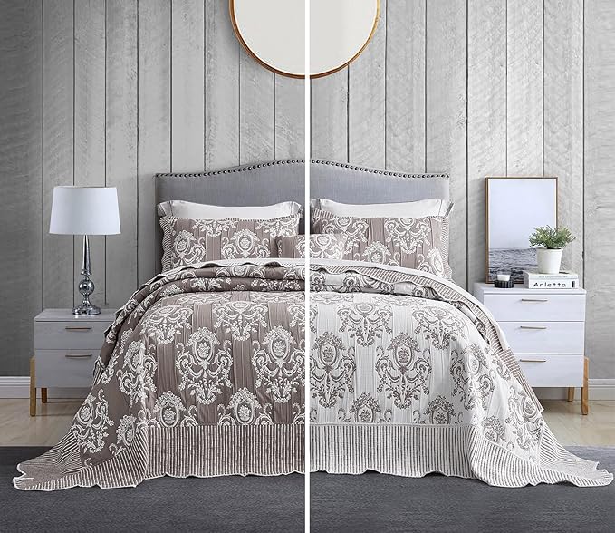 HZ & HY Oversized King Bedspread, Jacquard Matelasse Damask Pattern Design, Lightweight, Reversible, 5 Piece, 100% Microfiber, Tan Brown