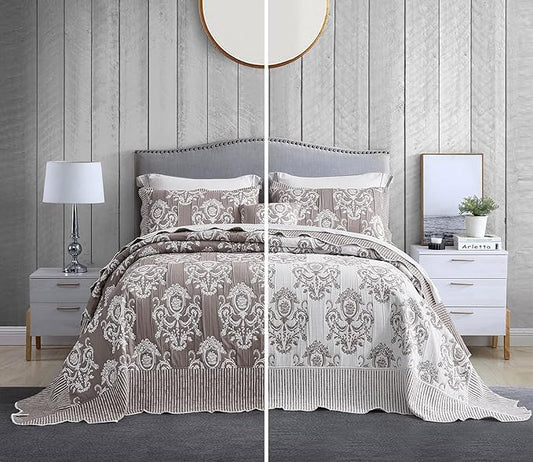 HZ & HY Oversized King Bedspread, Jacquard Matelasse Damask Pattern Design, Lightweight, Reversible, 5 Piece, 100% Microfiber, Tan Brown