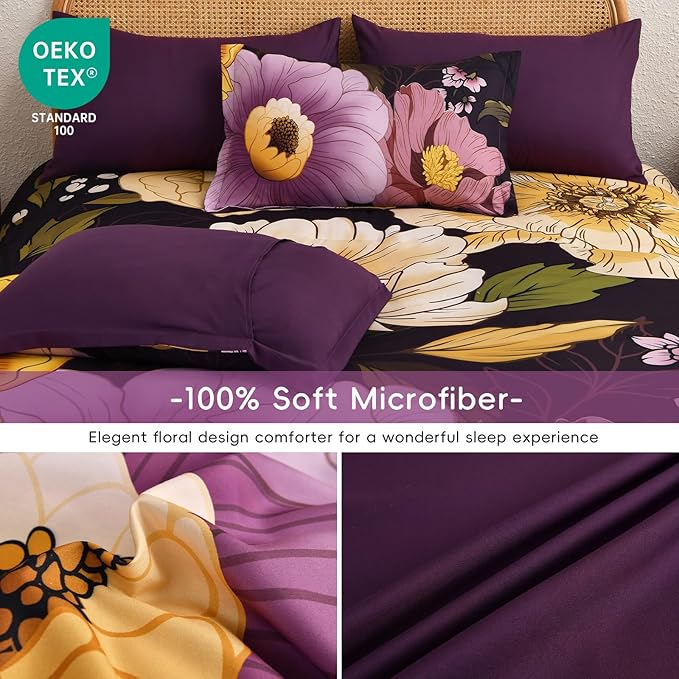 Xruibed Dark Purple Floral Comforter Set King Size 7 Pieces Bed in a Bag Flower Bedding Sets Lightweight Boho Bed Set with Sheet,Pillowcases&Shams for All Season