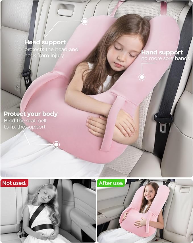 BEBAS U-Shaped Kids Travel Pillow for Car Travel Accessories for Children Adults - Soft Breathable Supports Neck Head for Sleeping - Adjustable Strap for Airplane Long Road Trip
