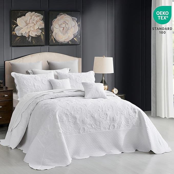 Oversized King Bedspread 138x122 Extra Wide, Paisley Pattern Design, Lightweight Bedding Cover, Reversible, 5 Piece, 100% Microfiber, California/Alaskan King, Pure White