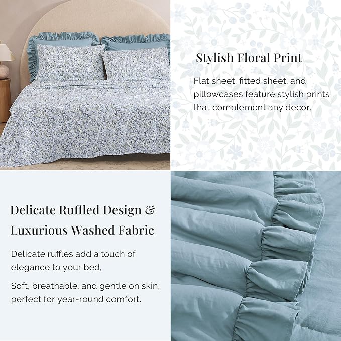 Oversized Queen Comforter Set - 7 Pieces Ruffle Blue Bedding Sets, Shabby Chic Farmhouse Bed in a Bag with Ruffle Comforter, Floral Sheets, Pillowcases & Shams
