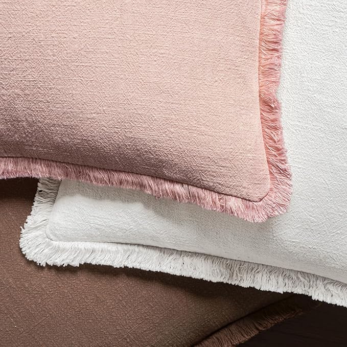 MIULEE Decorative Throw Pillow Covers Neutral Linen Fringe Throw Pillows Euro Shams Set of 2 White Boho Farmhouse Cushion Covers for Couch Sofa Bed Living Room Spring Home Decor 22x22 Inch