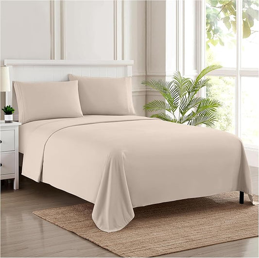 Split King Sheets - Breathable Luxury Sheets with Full Elastic & Secure Corner Straps Built In - 1800 Supreme Collection Extra Soft Deep Pocket Bedding Set, Sheet Set, Split King Size, Beige
