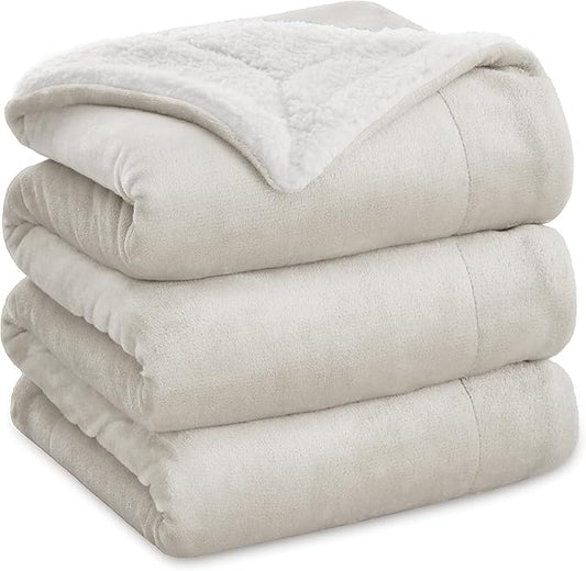 Bedsure GentleSoft Sherpa Fleece Blanket Queen Size for Bed, Non-Heated, Thick and Warm Throw for Women and Men, Soft Fuzzy Plush Queen Blanket for Winter, Linen, 90x90 Inches