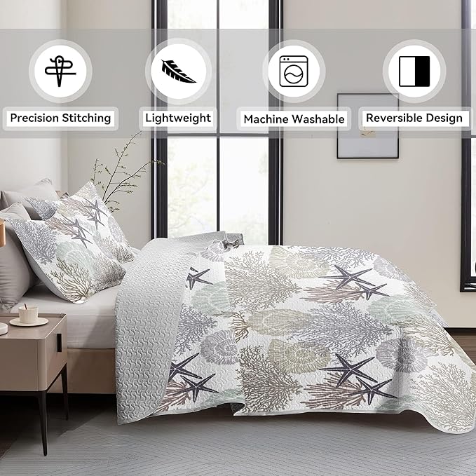 Tritard 3 Piece Coastal Quilt Sets Full/Queen Size - Reversible Microfiber Quilts with 2 Shams Soft Lightweight Beach Bedding Nautical Bedspread Summer Comforter Set for All Season, 90''x96'', C2