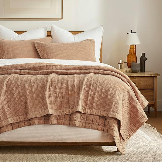 EVERGRACEHOME Stonewashed Cotton Quilt Set King Size, Ultra Soft Oversized Bedspread Coverlet Set, Lightweight Crinkle Box Stitch Bedding Sets for All Season, with 2 Shams, Blushed Terracotta