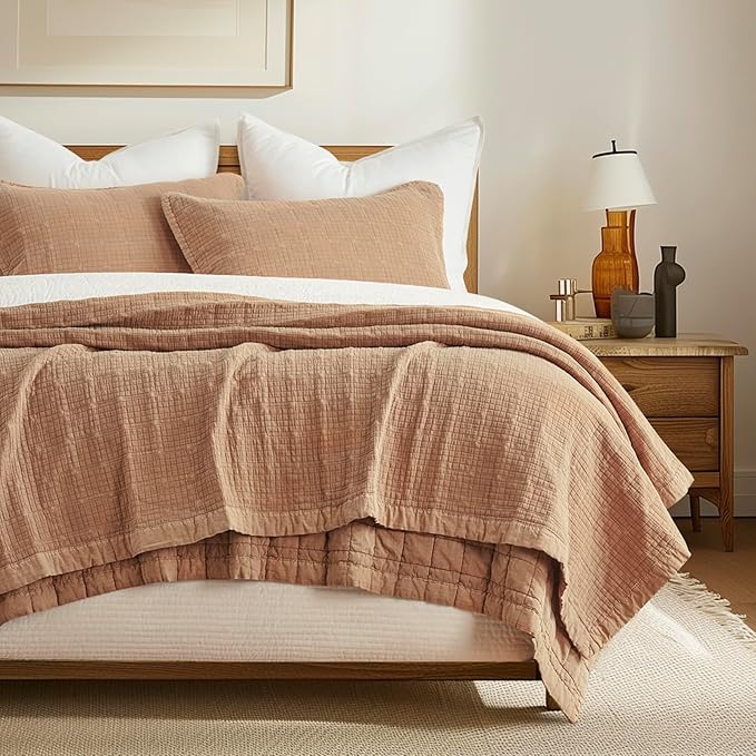 EVERGRACEHOME Stonewashed Cotton Quilt Set Full Queen Size, Ultra Soft Oversized Bedspread Coverlet Set, Lightweight Crinkle Box Stitch Bedding Sets for All Season, with 2 Shams, Blushed Terracotta