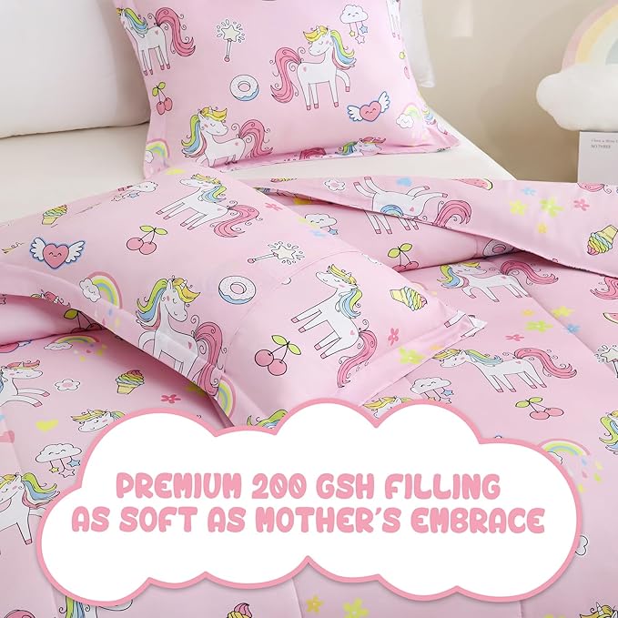 Yibeizi Pink Unicorn Comforter Set for Girls Full Size, Kids Rainbow Sweet Printed Bedding Set with Pillow Sham, Cute Lightweight Soft Breathable Machine Washable Quilted Bed Comforter Set 3 Piece