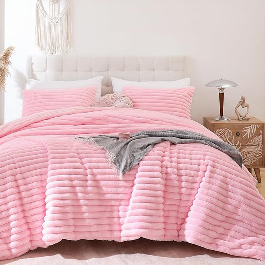 Smoofy Fluffy Twin Comforter Sets 2 Pieces - Pink Fleece Fluffy Comforter Set, Luxury Fuzzy Twin Bedding Set, Soft Twin Size Comforter All Season, Heavy Faux Fur Comforter with Pillow Cases