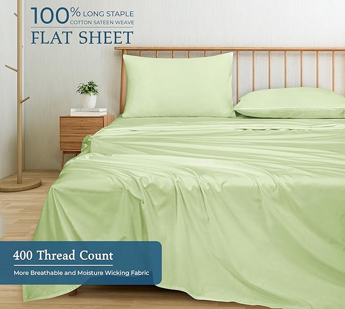 400 Thread Count 100% American Grown Cotton Flat Sheet - Cooling Sheets - King Sheets - Luxury Sateen Weave - King Flat Sheet Sold Separately - Super Soft Green Flat Sheet Only (King, Florentine Sage)