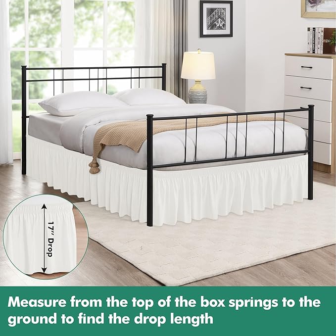 Biscaynebay Wrap Around Bed Skirts with Split Corners for Queen Beds 17" Drop, Ivory Elastic Dust Ruffles Adjustable Easy Fit Wrinkle & Fade Resistant Silky Luxurious Fabric Machine Washable
