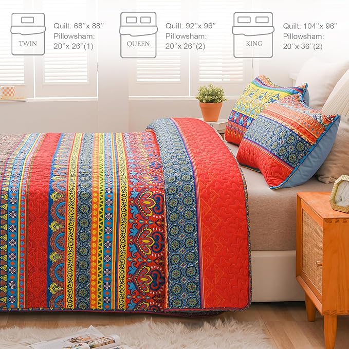 Exclusivo Mezcla Reversible Boho Quilts Twin Size, Blue Bedspreads Lightweight Coverlet All Season Bohemian Quilt Bedding Set with Printed Floral Pattern (1 Quilt, 1 Pillow Sham)
