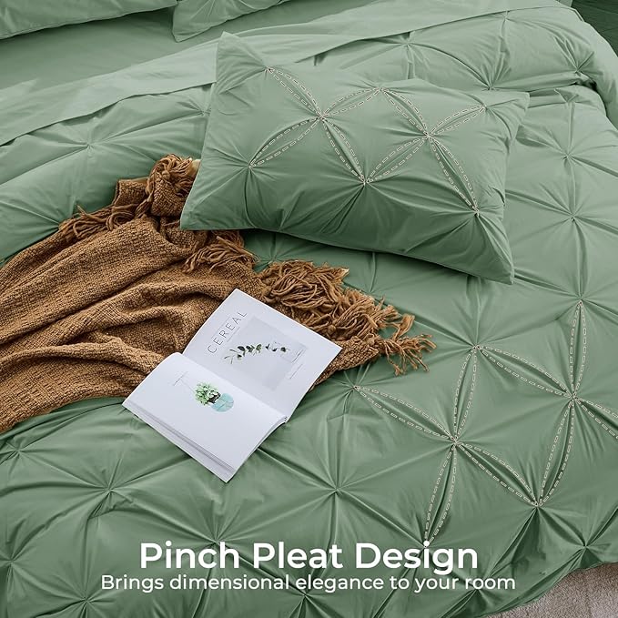 Sasttie California King Comforter Set, 7-Piece Bed in a Bag Cal King, Pintuck Bedding Set for All Season, Includes Comforter, Flat Sheet, Fitted Sheet, Pillowcases and Pillowshams, Sage Green