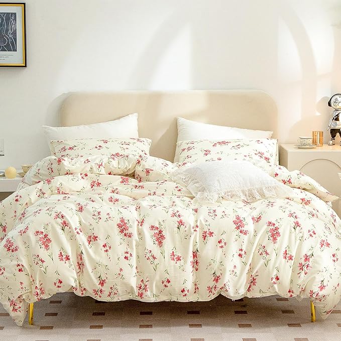 CottonLife Floral Queen Duvet Cover 100% Brushed Microfiber 3 Pieces Queen Bedding Sets, Red Floral Chic Garden Style Floral Pattern Queen Duvet Set Print with Zipper Closure