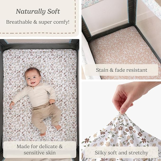 Pack and Play Sheets Fitted, Mini Crib Sheets for Graco Pack N Play Playard (38x26), Ultra Soft Organic Cotton Blend, Safe & Snug Playpen Mattress Sheet for Baby Boys & Girls – Fleurette, 2-Pack