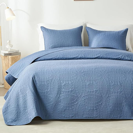 akkialla Twin Quilt Bedding Set,Bluish Grey Ultrasonic Quilt Set,Lightweight Soft Bedspread Coverlet,Modern Style Coin Pattern Bed Cover for All Seasons,2 Piece(1 Quilt,1 Pillow Sham)