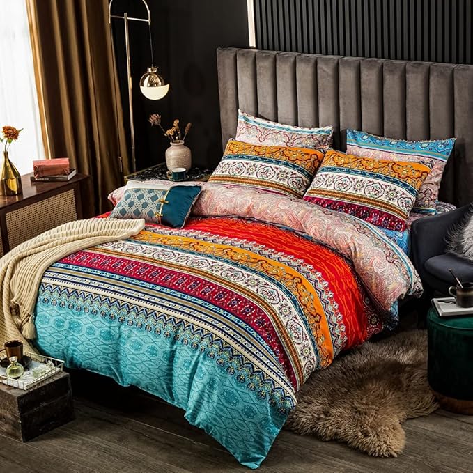 Bohemian Duvet Cover Set Twin Size Colorful Floral Boho Striped Bedding Set Soft Microfiber Double Duvet Cover Southwestern Indian Tribal Reversible Bedding Exotic Style Decor Boho Comforter Cover
