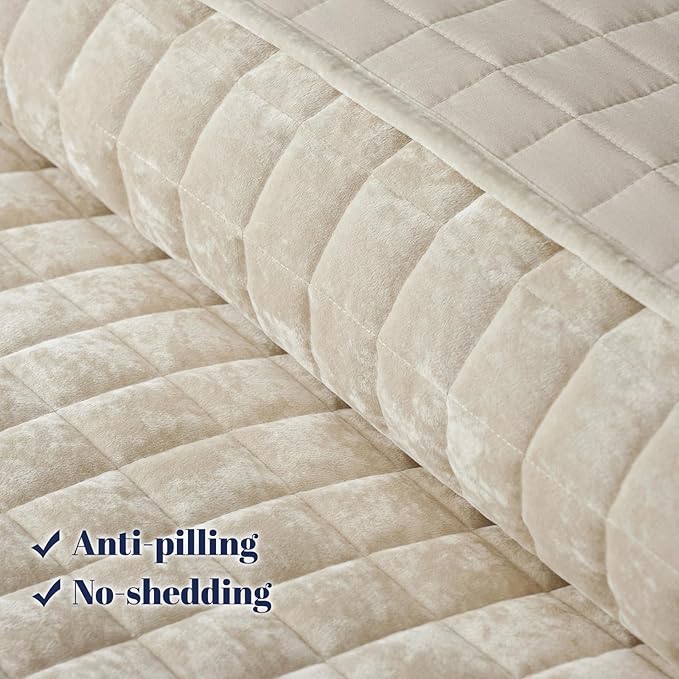 PHF Luxurious Velvet Quilt Set Twin Size – 2PCS Super Soft Quilted Comforter Alternative with Square-Box Quilt Pattern, Warm Quilted Bedspread Coverlet, 68" x 92", Sand