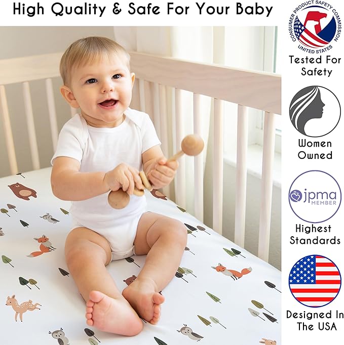Sweet Jojo Designs 3-Piece Baby Crib Bedding Set (Woodland Animals) for Boys or Girls, Infants/Nursery incl. Blanket, Fitted Sheet and Crib Skirt (Neutral Theme, Woods, Forest Animal, Bear, Deer Fox)