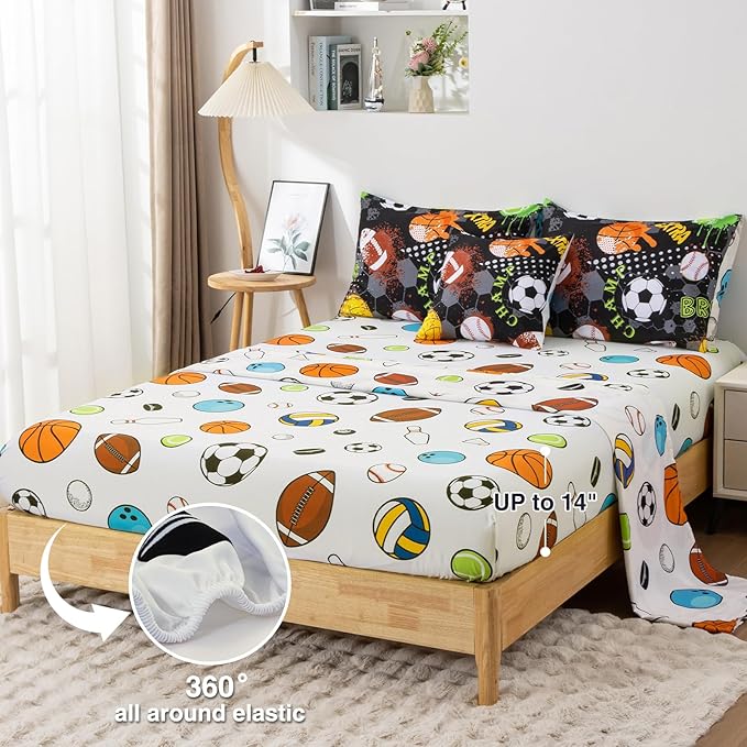 A Nice Night 6Pcs Bed in A Bag Twin Sports Microfiber Comforter Set,Black Rugby Ball Basketball Printed Bedding Collections,for Boys Kids Teen