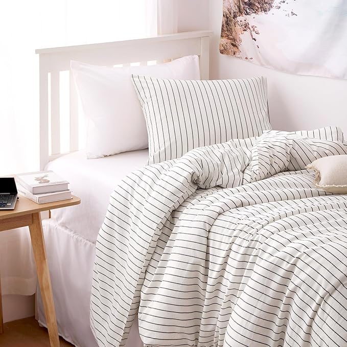 Wake In Cloud - Striped Cotton Duvet Cover Set, Ticking Stripe Vertical Pinstripe Farmhouse, 100% Washed Cotton Textured Percale Bedding Set, 3 Pieces, White, Twin Size
