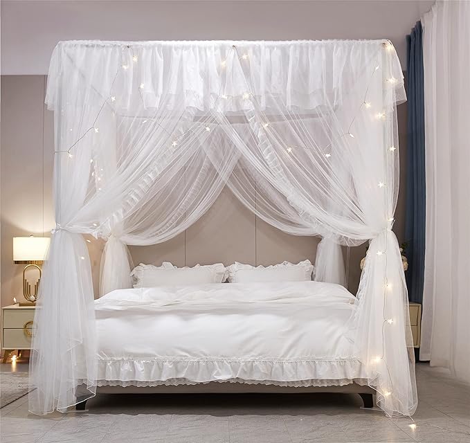 VETHIN 4 Corners Post Ruffle Princess Bed Canopy Curtain-Double Layer Cozy Drape Netting 4 Opening Mosquito Net for Girls Adults Bedroom Decoration (White/White, 53" W*78" L*82"*H/(Full))