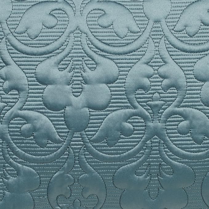 Cambridge Classic Luxury Bedding | Blue Shadow Solid Color Polyester Satin | Elaborate Damask Quilting | Fitted, Oversized 24 Inch Drop | 3 Piece Bed Set Includes Cal King Bedspread & 2 King Shams