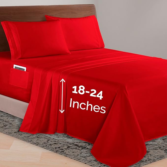 Elegant Comfort Luxurious 1500 Premium Hotel Quality Microfiber 4-Piece Sheet Set, 18-24 Inches Deep - Extra Deep Pocket Sheets - Ultra Soft 4PC Deep Pocket Sheets, King, Red