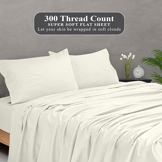 Royale Linens 300 Thread Count 100% Long Staple Combed Cotton - Super Soft - Top Sheet - California King Flat Sheet Sold Separately -Breathable, Cool & Crisp Percale Flat Sheet Only (Cal King, Ivory)
