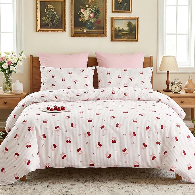 Nayoroom Pink Striped Bow Duvet Cover Queen Size Red Cherry Duvet Cover 3 Pieces Soft Lightweight Microfiber Girls Cute Aesthetic Dorm Bedding Set with Zipper Closure
