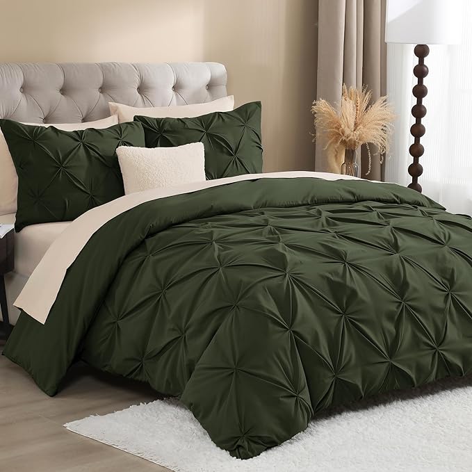 Litanika Olive Green Pinch Pleat Duvet Cover King, 3 Pieces Pintuck Soft Microfiber Bedding Set with Zipper Closure & Corner Ties(104x90Inch-1 Duvet Cover, 2 Pillowcases)
