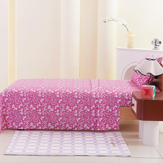 Kids Sheet Set Twin Size, Twin Sheet Set with Pink Bow Pattern，Breathable Silky Soft Microfiber Kids Fitted Sheet