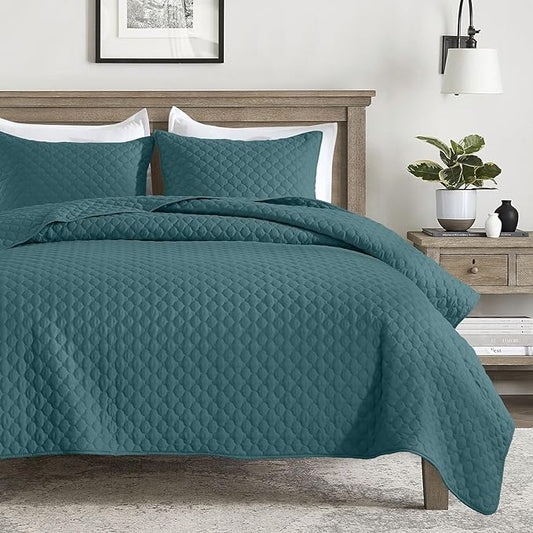 HORIMOTE HOME Quilt King Size Teal Blue, Lightweight Quilt for Summer, Ultra-Soft Microfiber Modern Style Quilted Clouds Pattern Bedspread Quit Set 3 Pieces(1 Quilt and 2 Pillow Shams)