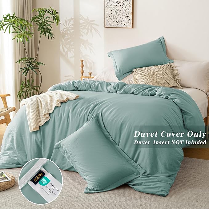 MILDLY Super Soft Duvet Cover 2pcs - 100% Washed Microfiber Grayish Teal Comforter Cover Set with Zipper Closure & Corner Ties (No Comforter)