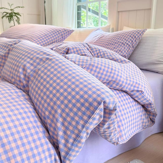 LifeTB Purple Gingham Comforter Queen Comforter Set Fluffy Soft Plaid Checkered Pattern Comforter Purple Pink Gingham Bedding Set Farmhouse Grid Plaid Comforter Set for All Seasons Queen Size