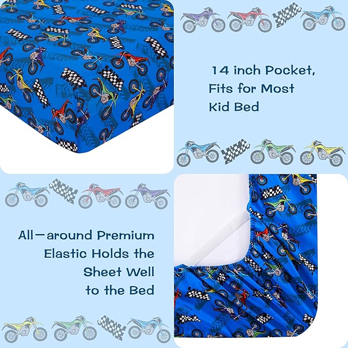 Kids Sheet Set Twin Size, Twin Sheet Set with Motorcycle Pattern，Breathable Silky Soft Microfiber Kids Fitted Sheet