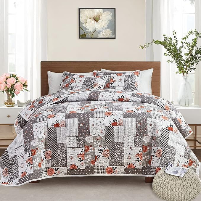 Patchwork Quilt Set Full/Queen Size, 3 Pieces Grey Floral Plaid Summer Bedspread Coverlet Set, Soft Microfiber Reversible Lightweight Bed Cover for All Season (90" x 90", 1 Quilt+ 2 Pillow Shams)