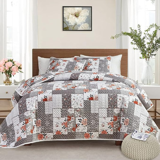 Patchwork Quilt Set Twin Size, 2 Pieces Grey White Floral Plaid Design Summer Bedspread Coverlet Set, Soft Microfiber Reversible Lightweight Bed Cover for Kids (68" x 86", 1 Quilt+ 1 Pillow Sham)