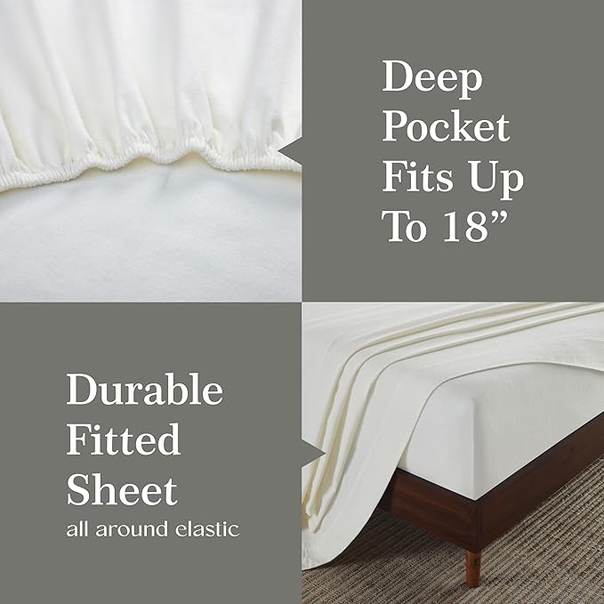 Superior Flannel Cotton Bed Sheet Set, Set Includes: One Flat Sheet, One Fitted Sheet and One Pillowcase, Breathable, Modern Solid Classic, Twin XL, Ivory